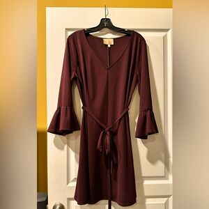 Deep Burgundy 3/4 sleeve dress, ties at the waist. By Skies Are Blue size L